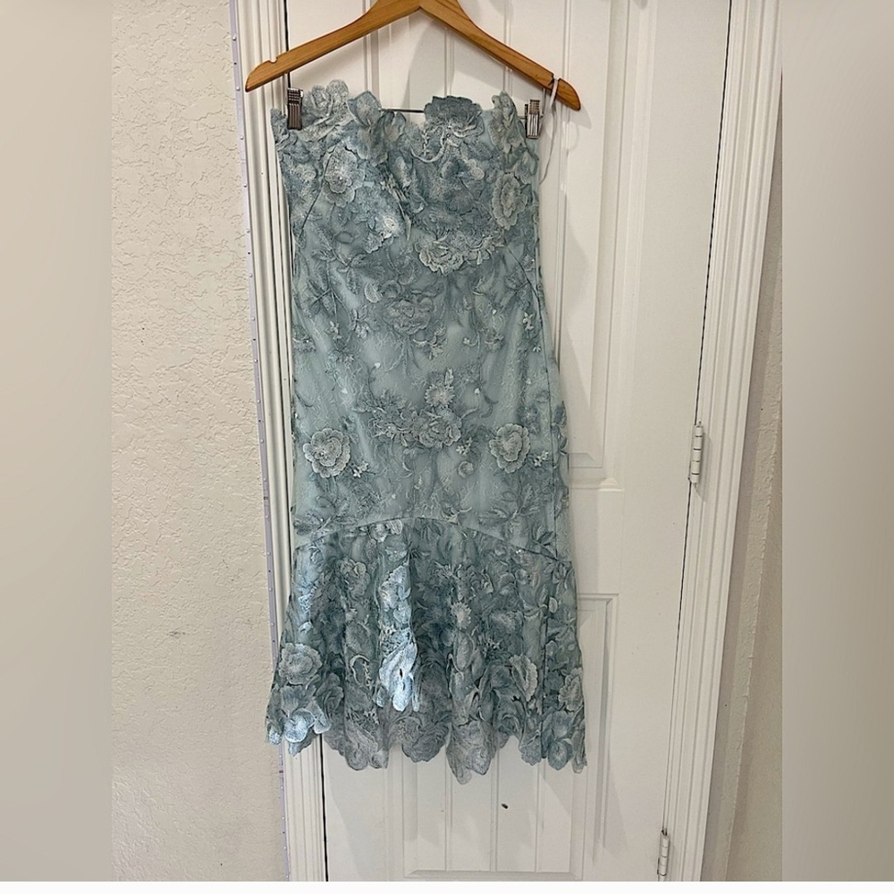 Marchesa Blue Embellished Trumpet Midi Dress